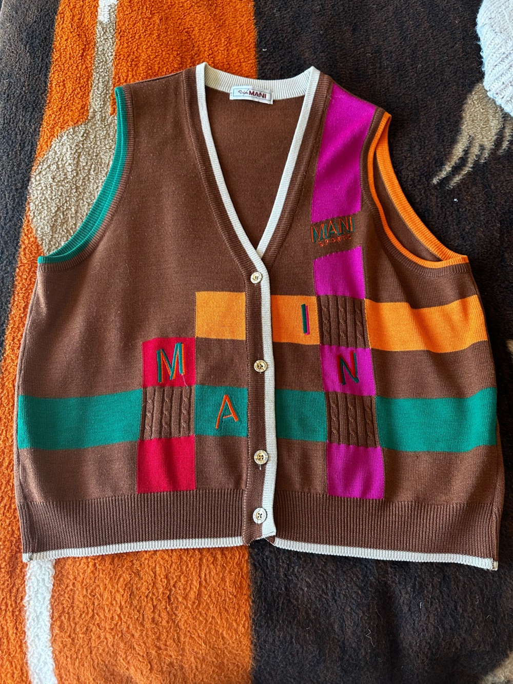 Brown Vintage Golf Knit Vest — Brown with Orange, Teal & Magenta Accents